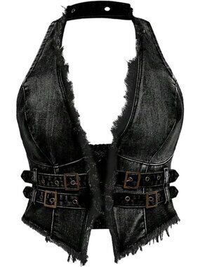 Plus Size Frayed Denim Halter Top - Buckle Backless Punk Hippie Jean Crop Top